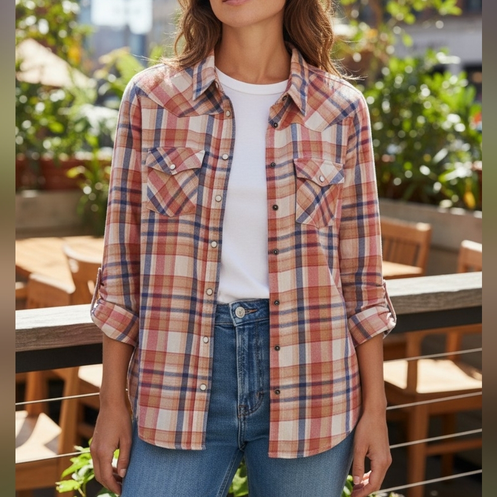 RANK 45 Plaid Western Shirt Snap Button Flannel Cowboy Boho Size L